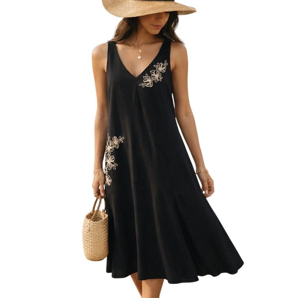 VTG Jonathan Martin Midi Dress Black Boho‎ Minimalist Floral Stitch Detail Sz 10